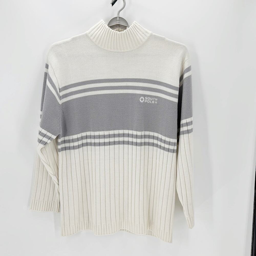 Southpole mock neck Cable Knit Sweater 90s Y2K cream gray sz xxl
